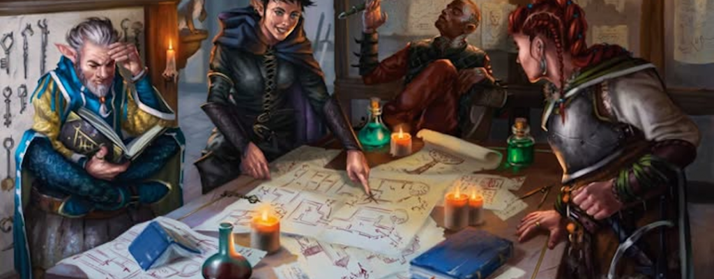 an adventuring party around a table with a map