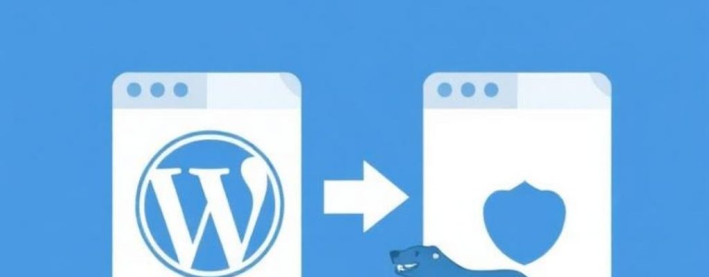 a cartoon made by ai, an arrow pointing from wordpress to a blue gopher.