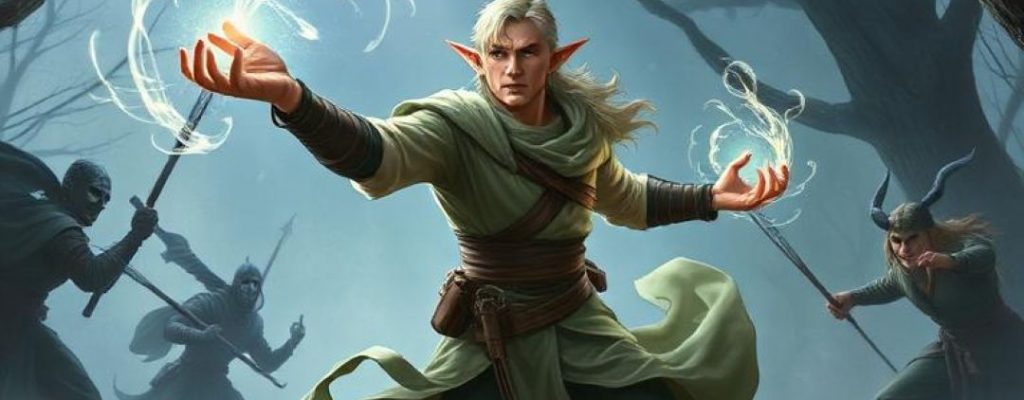 an elf in a forest casting a 'fear' spell or 'frightful start'