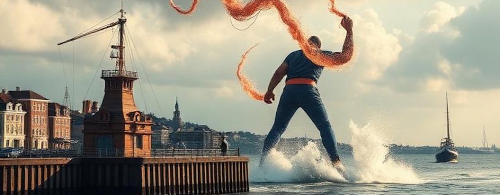 a giant casting a fire bolt at a breakwater