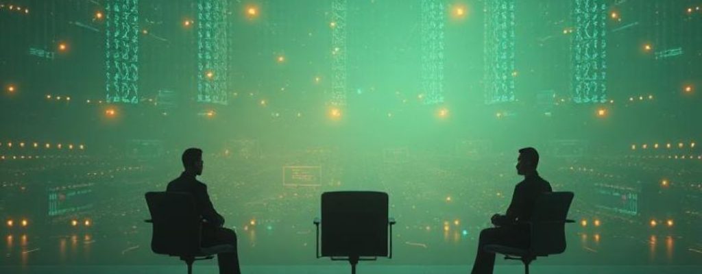 two people sitting in silhouette at the boundary of cyber space, in black and green