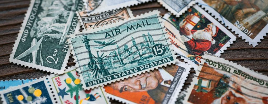 postage stamps on a table