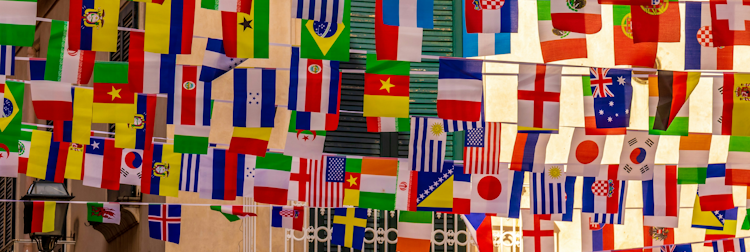 many national flags strung accross a path