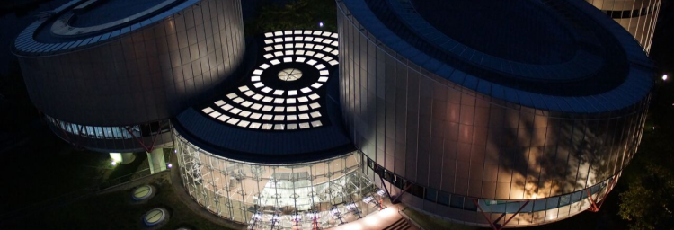 the ECtHR building from the air and at night